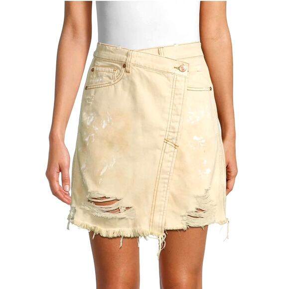 Free People Parker Wrap Denim Mini Skirt Butter Cream - Picture 4 of 16